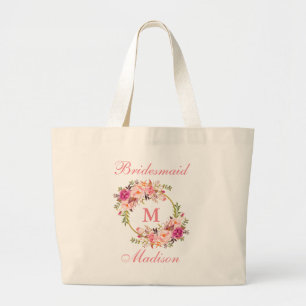 Floral roze zwarte gouden cirkel Monogram Bridesma Grote Tote Bag