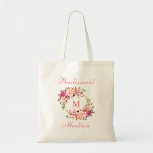 Floral roze zwarte gouden cirkel Monogram Bridesma Tote Bag (Voorkant)