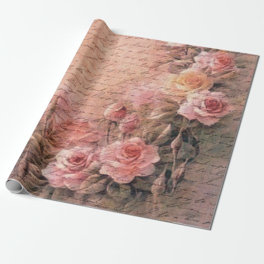 Floral Rozen Antiek handschrift Cadeaupapier (Uitgerold)