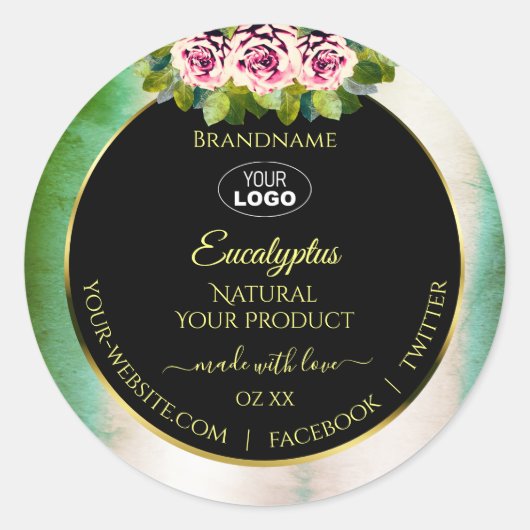 Floral Rozen Blauwgroen marmer Black Product Label (Voorkant)