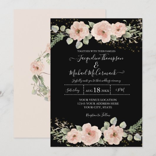 Floral Rozen BOHO Blush Waterverf Gold in Foliage Kaart (Voorkant / Achterkant)