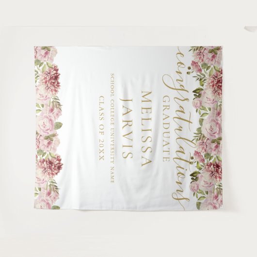 Floral Rozen Gold Script Afstuderen Foto achtergro Wandkleed (Voorkant (horizontaal))