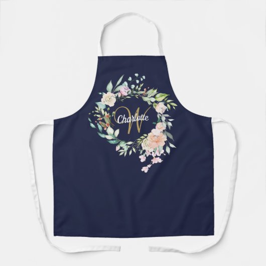 Floral Rozen Monogram Gold Script Navy Blue Schort (Voorkant)