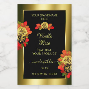 Floral Rozen Product Labels Black Shimmery Golden Voedselcontainer Etiket