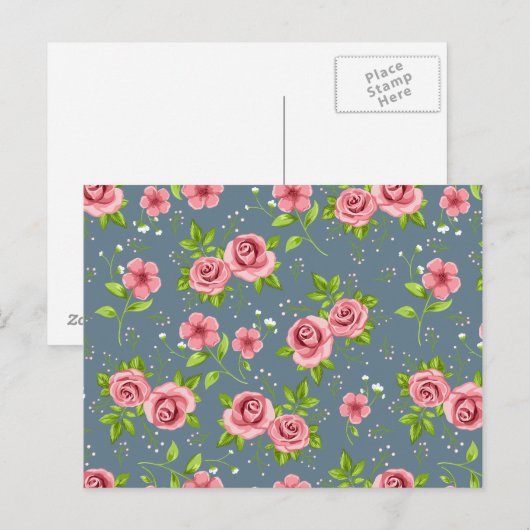 Floral Rozen Roze Groen Patroon Briefkaart (Voorkant / Achterkant)