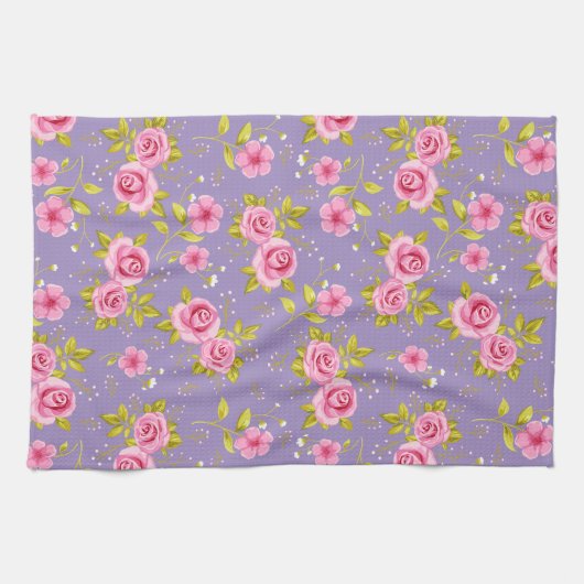  Floral Rozen Roze Paars Patroon Theedoek (Horizontaal)