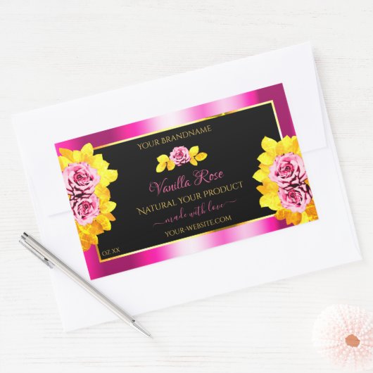 Floral Rozen Roze Zwarte Product Etiketten Gold Li (Envelop)