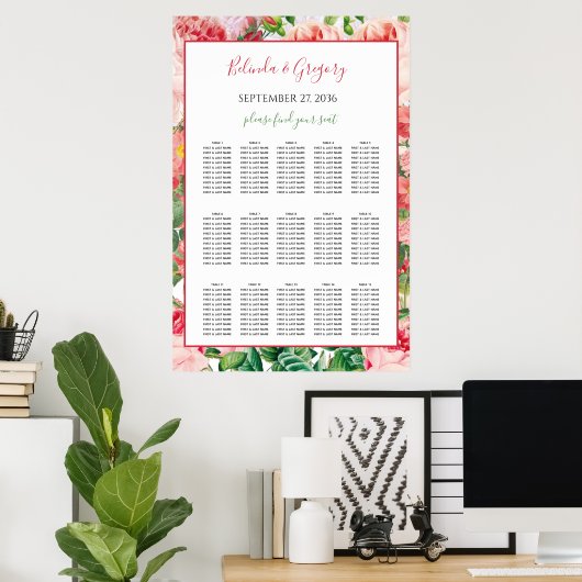  Floral Rozen Wedding Seating Chart Poster (Thuiskantoor)