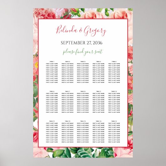  Floral Rozen Wedding Seating Chart Poster (Voorkant)