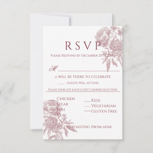  Floral RSVP-kaart – Bourgondisch Toile-geïnspiree RSVP Kaartje (Voorkant)
