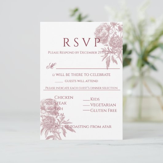  Floral RSVP-kaart – Bourgondisch Toile-geïnspiree RSVP Kaartje (Staand voorkant)