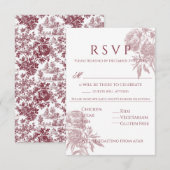  Floral RSVP-kaart – Bourgondisch Toile-geïnspiree RSVP Kaartje (Voorkant / Achterkant)