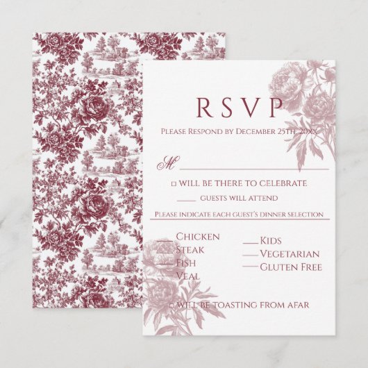  Floral RSVP-kaart – Bourgondisch Toile-geïnspiree RSVP Kaartje (Voorkant / Achterkant)