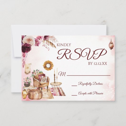 Floral RSVP-kaart van de Waterverf Burgundy Boho RSVP Kaartje (Voorkant)