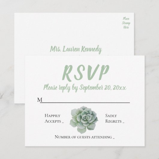 Floral RSVP Mint Groene Sappige Cactus Waterverf Uitnodiging Briefkaart (Voorkant / Achterkant)