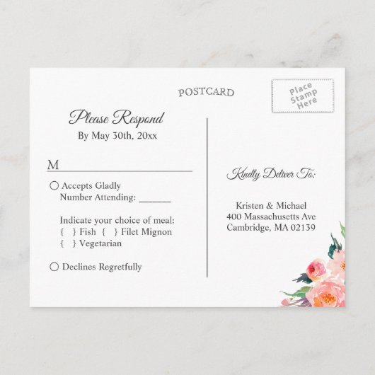 Floral RSVP Reply Kaart Waterverf (Achterkant)