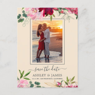 Floral Ruby Pink Peony Bouquet Foto Save the Date Aankondigingskaart