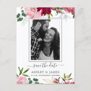 Floral Ruby Pink Peony Bouquet Foto Save the Date Aankondigingskaart