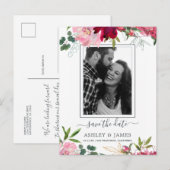 Floral Ruby Pink Peony Bouquet Foto Save the Date Aankondigingskaart (Voorkant / Achterkant)