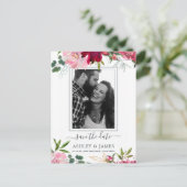Floral Ruby Pink Peony Bouquet Foto Save the Date Aankondigingskaart (Staand voorkant)