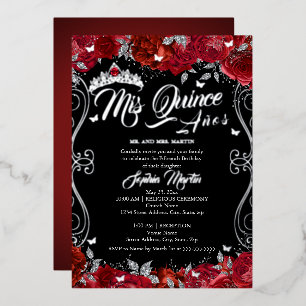 Floral Ruby Red Black Mis Quince Quinceanera Folie Uitnodiging