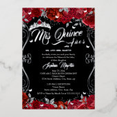 Floral Ruby Red Black Mis Quince Quinceanera Folie Uitnodiging (Voorkant)