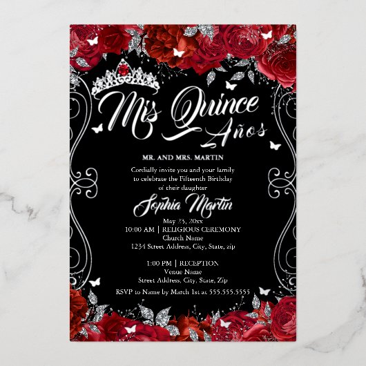Floral Ruby Red Black Mis Quince Quinceanera Folie Uitnodiging (Voorkant)