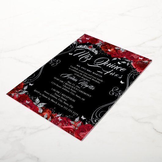 Floral Ruby Red Black Mis Quince Quinceanera Folie Uitnodiging (Gedraaid)