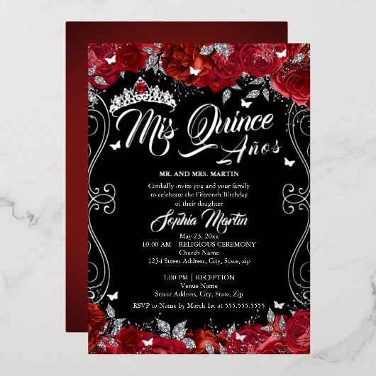 Floral Ruby Red Black Mis Quince Quinceanera Folie Uitnodiging (Voorkant / Achterkant)