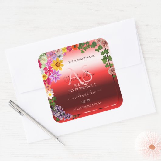 Floral Ruby Red Gradient Product Labels Monogram (Envelop)