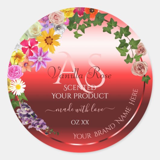 Floral Ruby Red Gradient Product Labels Monogram (Voorkant)
