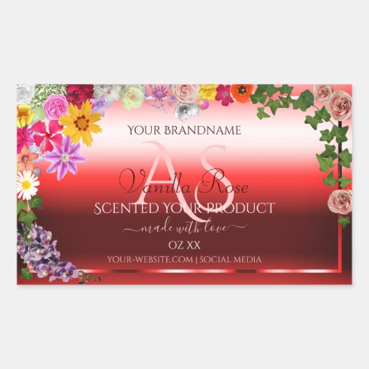 Floral Ruby Red Gradient Product Labels Monogram (Voorkant)