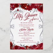 Floral Ruby Zilver Rood Mis Quince Quinceanera Folie Uitnodiging (Voorkant)