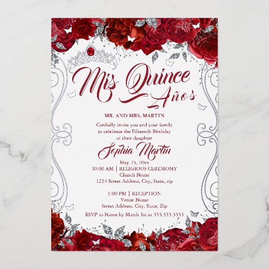 Floral Ruby Zilver Rood Mis Quince Quinceanera Folie Uitnodiging (Voorkant)
