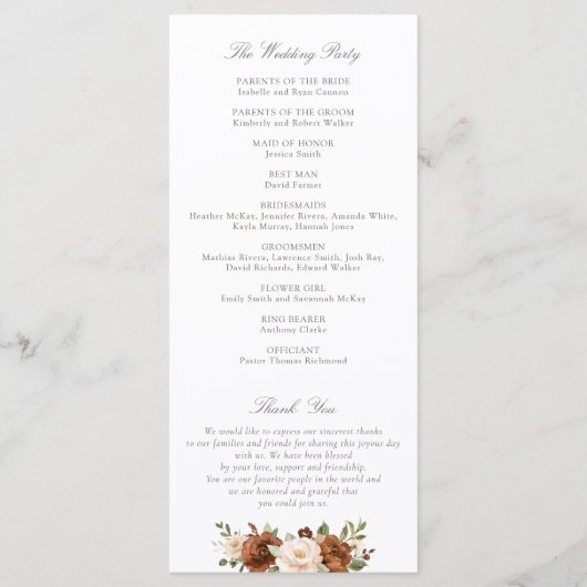 Floral Rust Blush Peach Greenery Wedding Programme Programmakaart (Achterkant)