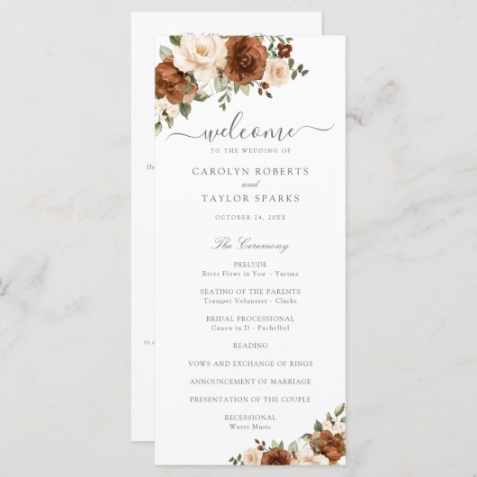 Floral Rust Blush Peach Greenery Wedding Programme Programmakaart (Voorkant / Achterkant)