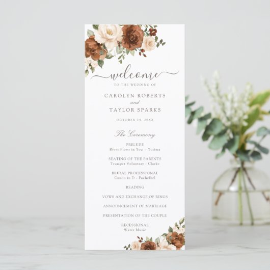Floral Rust Blush Peach Greenery Wedding Programme Programmakaart (Staand voorkant)