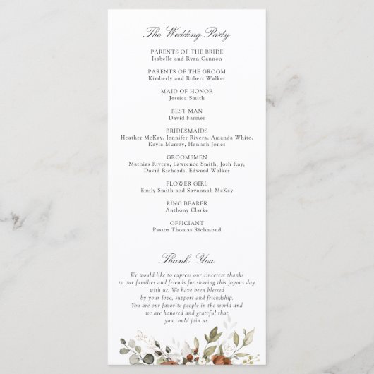 Floral Rust Cream Greenery Fall Wedding Programme Programmakaart (Achterkant)