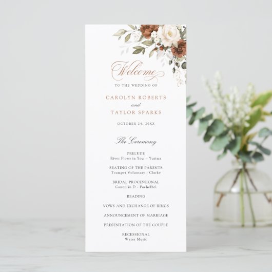 Floral Rust Cream Greenery Fall Wedding Programme Programmakaart (Staand voorkant)