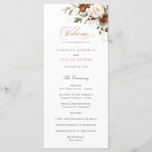 Floral Rust Cream Greenery Fall Wedding Programme Programmakaart (Voorkant)
