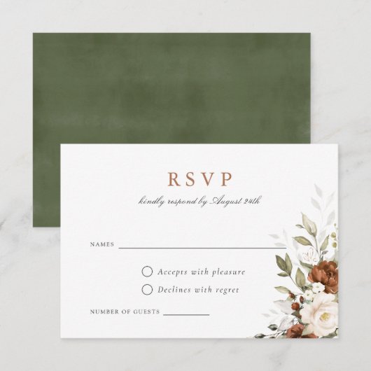 Floral Rust Cream Greenery Fall Wedding RSVP-kaart Kaart (Voorkant / Achterkant)