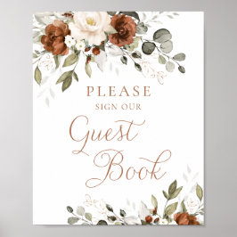 Floral Rust Cream Greenery Wedding Guest Book Sign Poster