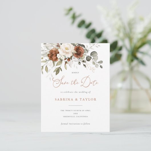 Floral Rust Cream Greenery Wedding Save the Date Kaart (Staand voorkant)