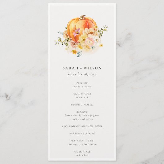Floral Rust Herfst Pumpkin Wedding Ceremony Progra Menu (Voorkant)