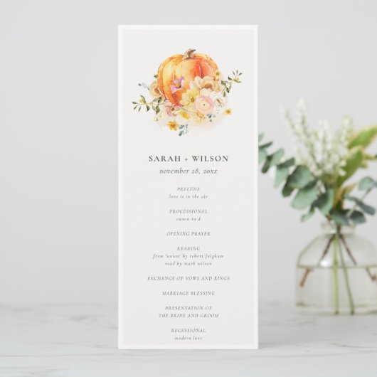 Floral Rust Herfst Pumpkin Wedding Ceremony Progra Menu (Staand voorkant)