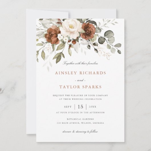 Floral Rust Ivory Cream Greenery Fall Wedding Kaart (Voorkant)