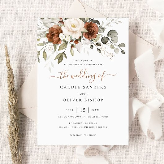 Floral Rust Ivory Cream Greenery Fall Wedding Kaart