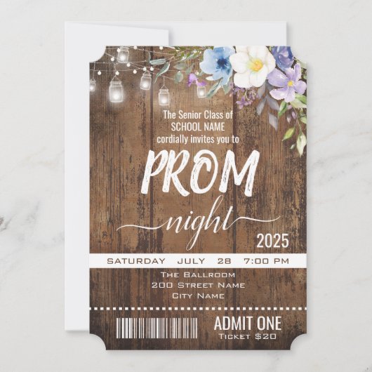 Floral Rustic Afstuderen Prom Night Ticket Kaart (Voorkant)
