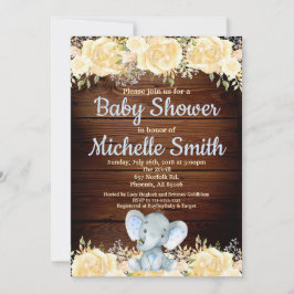 Floral Rustic Blue Boy Wood Elephant Baby shower Kaart