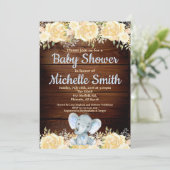 Floral Rustic Blue Boy Wood Elephant Baby shower Kaart (Staand voorkant)
